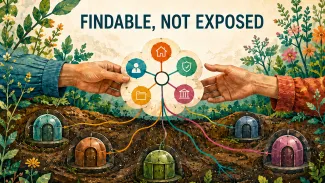 Two people exchange a flower-shaped financial index whose colored paths point to separate protected source records beneath the words “FINDABLE, NOT EXPOSED.”