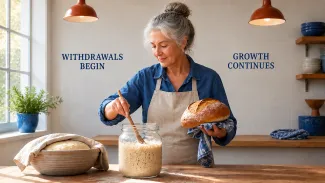 A woman in a bakery holds fresh bread and stirs sourdough starter beneath the phrases “Withdrawals Begin” and “Growth Continues.”