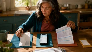 A woman separates an envelope, benefit statement, phone record, and unexplained payment notice at her kitchen table.