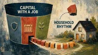 Painted collage of divided post-sale capital sending measured blocks toward a home while a contingent piece remains separate.