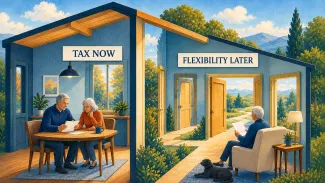An older couple reviews taxes in one room while a surviving spouse sits beyond open doors labeled “Flexibility Later.”