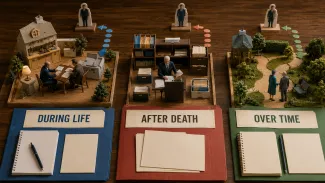 Miniature scenes show financial help during life, estate administration after death, and trust stewardship over time.