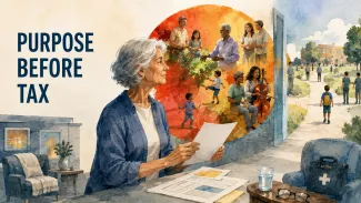 An older woman considers a charitable plan as community activities open ahead and her home and healthcare reserve remain protected.