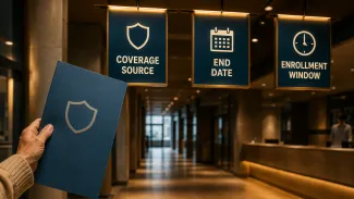 A woman holds a coverage folder beneath signs labeled Coverage Source, End Date, and Enrollment Window in a quiet service hall.