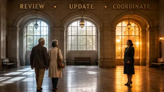 An older couple approaches an advisor through three lighted station arches labeled Review, Update, and Coordinate.