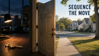 A house key beside an open doorway to a neighborhood