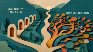 A cut-paper landscape contrasts a sequence of maturity gates with a broad network representing diversification.