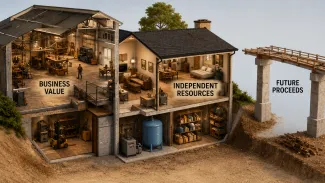 A cutaway shows business value beside independent household resources, with future proceeds on an unfinished bridge.