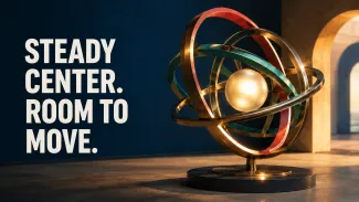 A luminous center remains steady while colorful metal rings rotate freely around it, representing dependable income with retained flexibility.