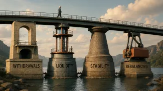 An older adult crosses a bridge supported by four distinct piers labeled Withdrawals, Liquidity, Stability, and Rebalancing.