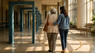An older woman and her adult daughter walk through a hospital corridor beside teal checkpoints and a separate brass timing path.
