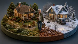 A single retired woman stands between two miniature homes in different seasons, showing that both remain active parts of one annual life.