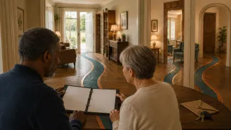 A biracial older couple reviews a continuing care agreement as a teal-and-copper path passes through four stages of their home.
