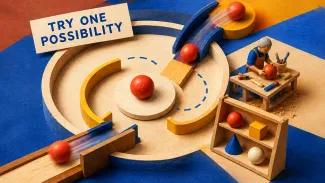A colorful miniature trial arena shows one possibility continuing, being reshaped at a workbench, or returning to a shelf.