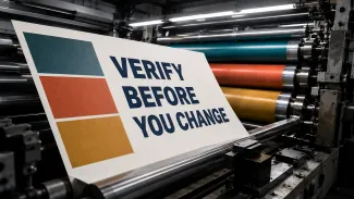 A printing press produces a proof sheet reading “Verify Before You Change” beside teal, clay, and brass rollers.