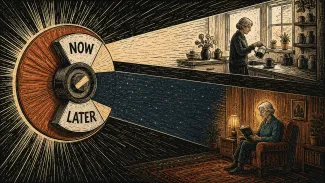A linocut illustration shows a NOW-or-LATER selector directing income toward an earlier kitchen scene or a later retirement reading scene.