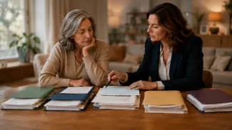 A surviving spouse and financial professional review several separate groups of account documents at a dining table.