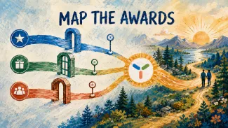 Three colorful award paths pass through separate gates before converging into owned shares and continuing toward retirement.