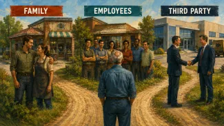 An older business owner considers three illustrated paths labeled Family, Employees, and Third Party.