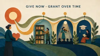 A paper-cut illustration shows one charitable contribution flowing into three years of community, arts, and education support.
