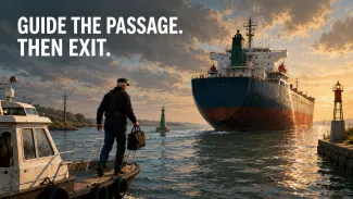 A harbor pilot steps onto a small boat as a cargo ship continues through the channel under its own command.