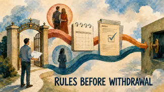 An heir pauses as spouse and non-spouse paths pass through timing and tax checkpoints before a retirement-account withdrawal.
