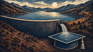 A protected reservoir releases a measured flow into a graduation-cap-shaped basin, representing education giving that preserves retirement security.