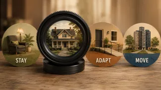 Camera lens focusing on a familiar home and three housing choices