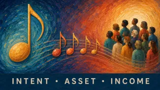 A golden note becomes recurring notes leading toward a diverse community above the words Intent, Asset, Income.