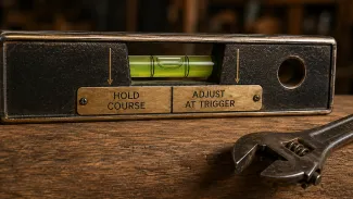 A spirit level stays within its tolerance marks beside an unused wrench, labeled “Hold Course” and “Adjust at Trigger.”