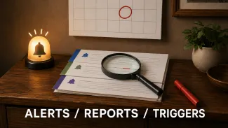 A notification light, scheduled calendar review, and magnifying glass represent alerts, credit reports, and escalation triggers.