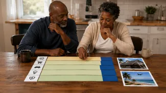 A retired couple maps recurring expenses and cash-reserve jobs.