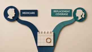 Two paper paths lead from one calendar date to Medicare for one spouse and replacement coverage for the younger spouse.