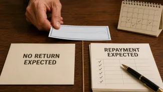 A transfer document separates money given with no return expected from a documented repayment plan.