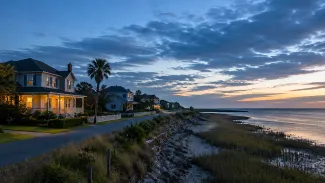 A coastal home overlooking a marsh and exposed shoreline