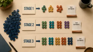 An overhead arrangement shows a concentrated stock position being diversified in three stages, with a tax estimate reviewed at each step.