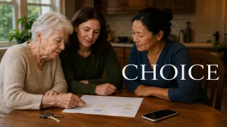 An older woman, her adult daughter, and a caregiver review a home-care schedule together at a kitchen table.