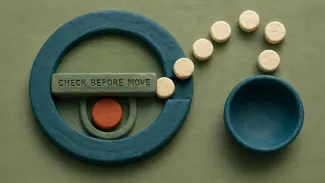Clay pieces move toward a receiving bowl while one copper piece waits behind a bar reading “CHECK BEFORE MOVE.”