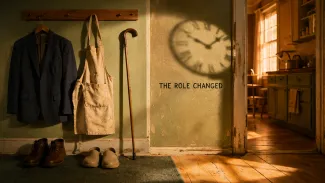 A work jacket and caregiving apron share a mudroom beside a cane and clock shadow under the words “The Role Changed.”