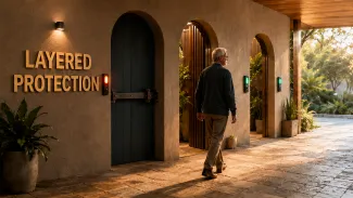 An older man walks through a series of security thresholds while a side door remains barred beneath the words “Layered Protection.”