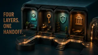 Illuminated chambers distinguish accounts, credentials, recovery, and authority.
