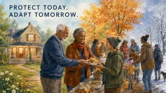 An older interracial couple serves food at a community gathering that shifts from autumn to winter beneath the words “Protect Today. Adapt Tomorrow.”