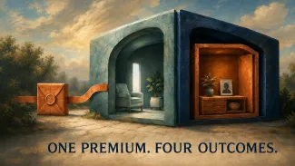 A premium enters a two-part structure representing care protection and a preserved family benefit across four possible outcomes.