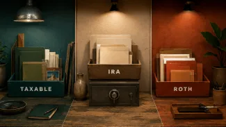 Three labeled file bins—Taxable, IRA, and Roth—sit in separate colored workbench zones.