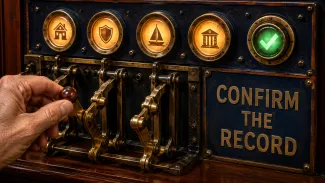 A hand moves a brass lever on a mechanical console as connected record indicators illuminate and a green confirmation light appears.