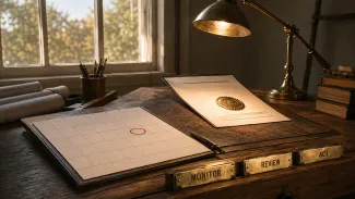A sunlit drafting table holds an enacted-law document, a household calendar with one circled date, and brass labels reading Monitor, Review, and Act.