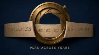 A brass aperture opens across calendar years 2022 through 2030, illustrating how retirement tax-planning opportunities change over time.