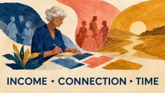 A painted collage of a retired woman arranging pieces beneath scenes representing income, connection, and open time.