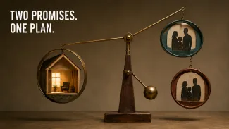 A kinetic mobile balances a warmly lit home against two family portraits beneath the words “Two Promises. One Plan.”