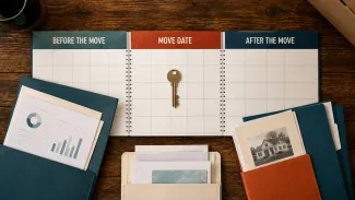 A visual illustrating a retirement move between states and the tax decisions connected to it.